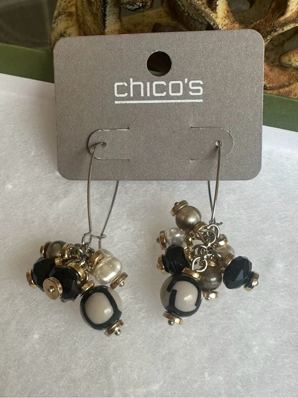 Chico's Black, Cream, Gold Beaded Cluster Wire Drop Earrings